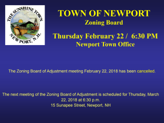 Zoning Board Meeting February 22, 2018 cancelled