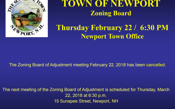Zoning Board Meeting February 22, 2018 cancelled